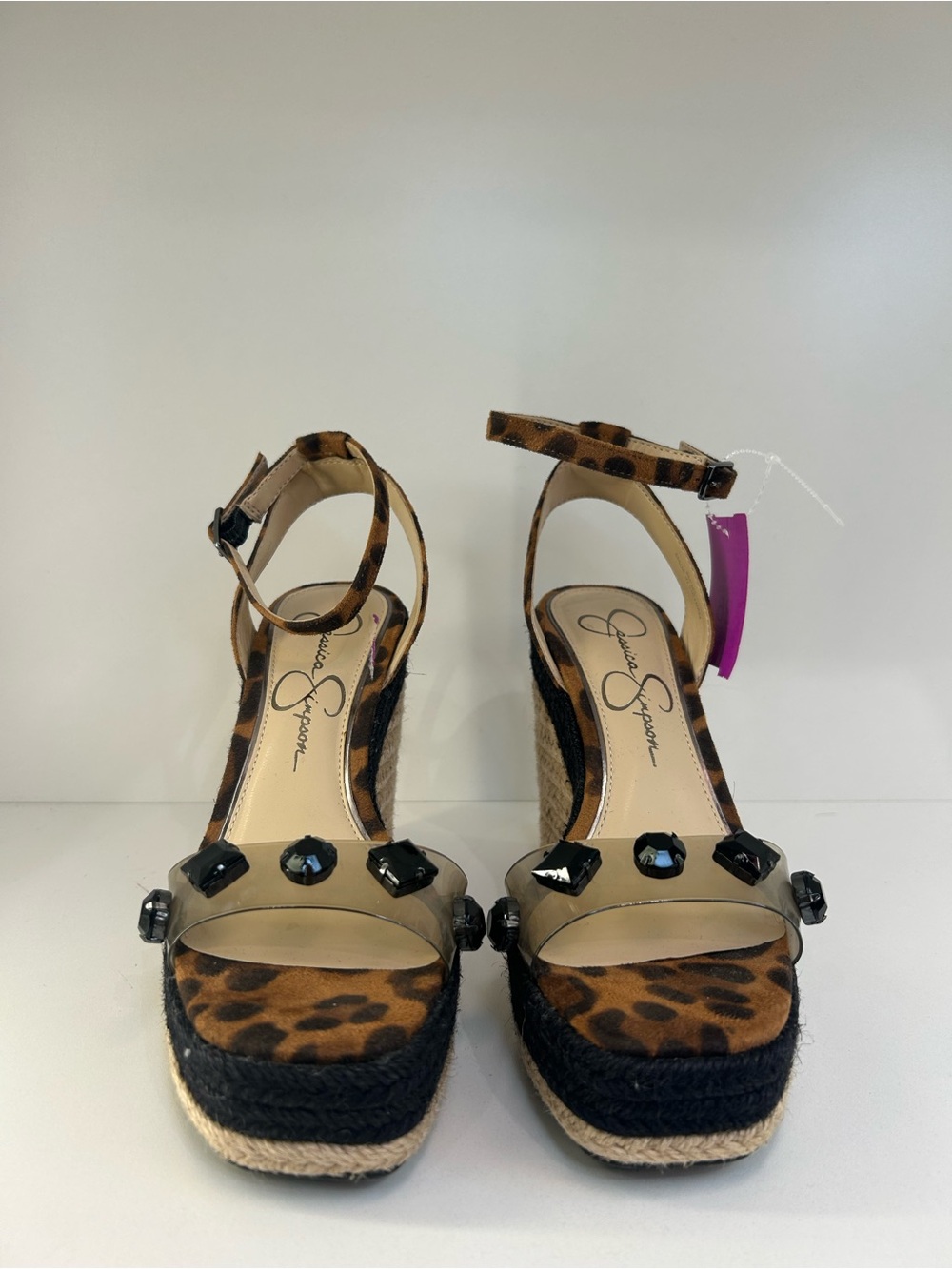 Jessica Simpson Open Toe Clear w Black Stone Wedge Sandals Sz 6